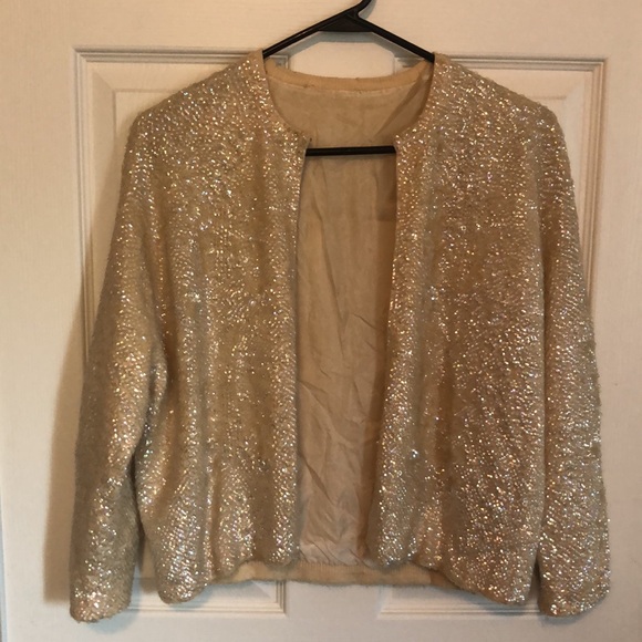 VINTAGE Glitter Sequin Champagne Hook & Eye Clasp Cardigan Women's Small - Picture 5 of 14